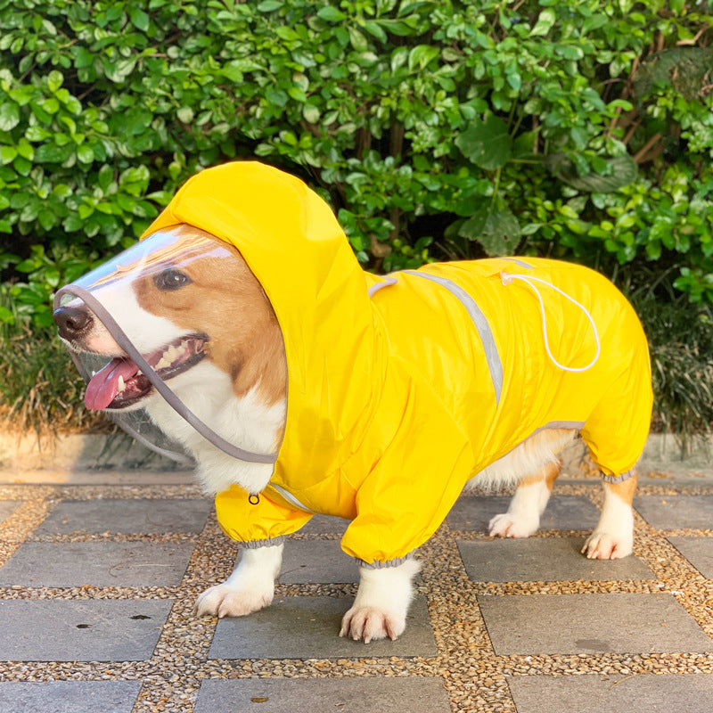 Waterproof dog raincoat with transparent hood and reflective strips
