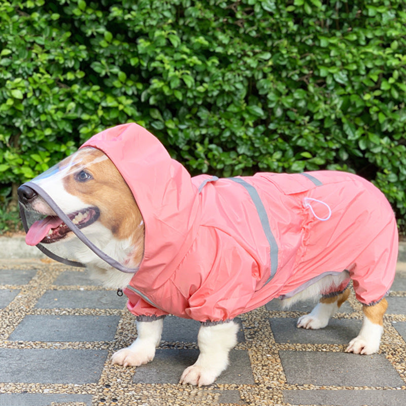 Waterproof dog raincoat with transparent hood and reflective strips