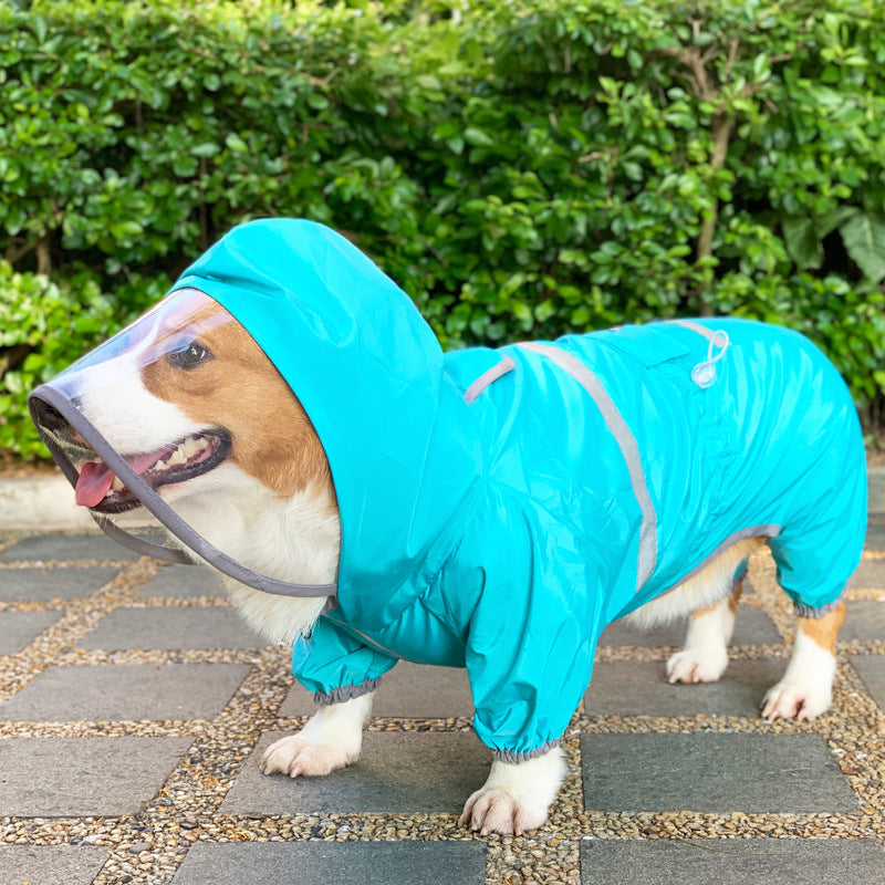 Waterproof dog raincoat with transparent hood and reflective strips